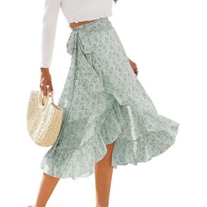 ThCreasa Womens Boho Floral Print High Waisted Wrap Skirts Ruffle Hem Tie Knot Summer Chiffon Flowy Midi Skirts in Saudi Arabia