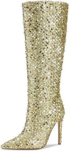 wetkiss Sequins Knee High Boots Women Pointed Toe Stiletto Heel Bling Long Boots Tall Boots Sparkly Boots Not for Bigger Wide Calf in Saudi Arabia