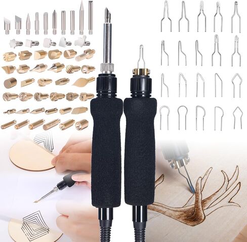 YIHUA 939D-II Pyrography Pen Wood Burning Kit Station 2-in-1 Solid-Point 200~480°C (with Temp Display)/Wire-Nib 250~750°C with 20 Nibs, Solid Points, 1 Stable Pen Holder, 2 Scrap Wood (Blue) in Kuwait