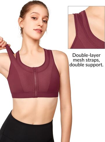 Yvette High Support Sports Bras for Women Double Deck Straps High Impact Mesh Zip Front Sports Bra for Running in Saudi Arabia