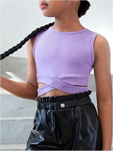 Girl's Sleeveless Criss Cross Ribbed Tank Top Casual Crewneck Slim Fit Crop Tops Tees in Saudi Arabia