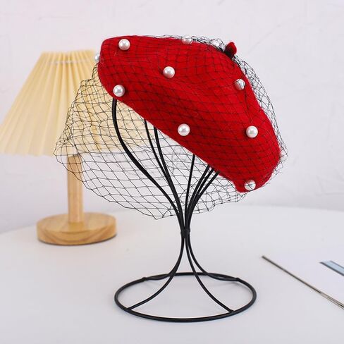 Berets Hat with Pearl French Beret Hats for Women Beret with Mesh Solid Color Hat for Winter Gift for Women in Kuwait