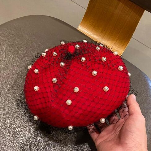 Berets Hat with Pearl French Beret Hats for Women Beret with Mesh Solid Color Hat for Winter Gift for Women in Kuwait