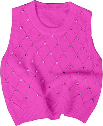 Verdusa Women's Casual Rhinestone Sweater Vest Round Neck Sleeveless Knit Tops in Saudi Arabia