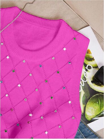 Verdusa Women's Casual Rhinestone Sweater Vest Round Neck Sleeveless Knit Tops in Saudi Arabia