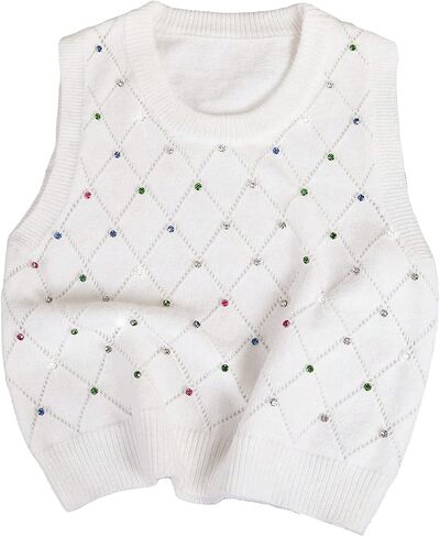 Verdusa Women's Casual Rhinestone Sweater Vest Round Neck Sleeveless Knit Tops in Saudi Arabia