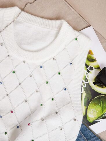Verdusa Women's Casual Rhinestone Sweater Vest Round Neck Sleeveless Knit Tops in Saudi Arabia