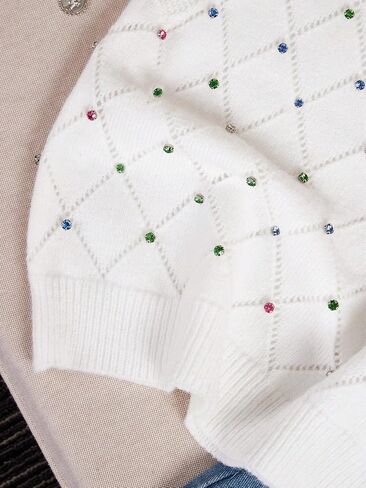 Verdusa Women's Casual Rhinestone Sweater Vest Round Neck Sleeveless Knit Tops in Saudi Arabia