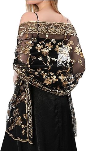 L'VOW Glittering 1920s Scarf for Women Mesh Sequin Wedding Cape Fringed Evening Shawl Wrap in Kuwait