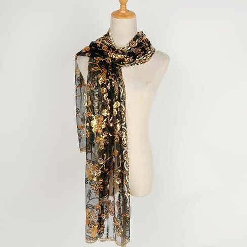 L'VOW Glittering 1920s Scarf for Women Mesh Sequin Wedding Cape Fringed Evening Shawl Wrap in Kuwait