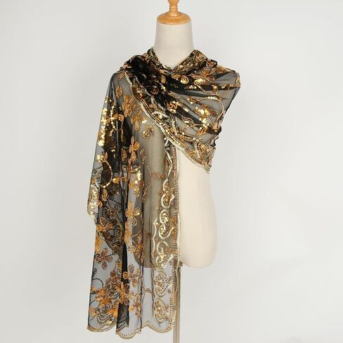 L'VOW Glittering 1920s Scarf for Women Mesh Sequin Wedding Cape Fringed Evening Shawl Wrap in Kuwait