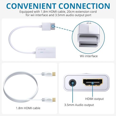 محول AUTOUTLET Wii إلى HDMI 1080P مع كابل HDMI عالي السرعة بطول 6 أقدام Wii2 HDMI محول إخراج الفيديو والصوت مع مقبس صوت 3.5 مم، يدعم جميع شاشات Wii 720P، NTSC، متوافق مع جهاز عالي الدقة بالكامل in Saudi Arabia
