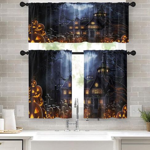 Arttown Halloween Black Cat Kitchen Window Curtains and Valances Set 36 Inch, Pumpkin Ghost Witch Short Tier Curtain for Cafe Living Room Bathroom, Spooky Halloween 3 Pieces Set Kitchen Decor in Kuwait