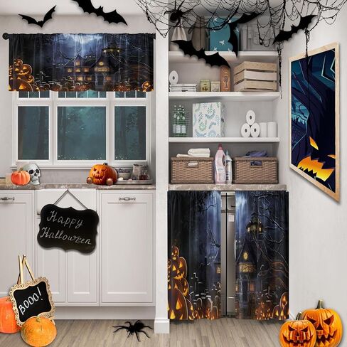 Arttown Halloween Black Cat Kitchen Window Curtains and Valances Set 36 Inch, Pumpkin Ghost Witch Short Tier Curtain for Cafe Living Room Bathroom, Spooky Halloween 3 Pieces Set Kitchen Decor in Kuwait