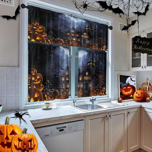 Arttown Halloween Black Cat Kitchen Window Curtains and Valances Set 36 Inch, Pumpkin Ghost Witch Short Tier Curtain for Cafe Living Room Bathroom, Spooky Halloween 3 Pieces Set Kitchen Decor in Kuwait
