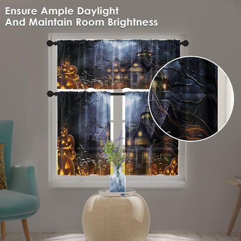 Arttown Halloween Black Cat Kitchen Window Curtains and Valances Set 36 Inch, Pumpkin Ghost Witch Short Tier Curtain for Cafe Living Room Bathroom, Spooky Halloween 3 Pieces Set Kitchen Decor in Kuwait