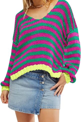 Saodimallsu Womens Striped Sweater V Neck Color Block Long Sleeve Loose Casual Pullover Jumpers in Saudi Arabia