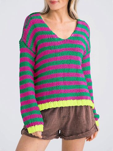 Saodimallsu Womens Striped Sweater V Neck Color Block Long Sleeve Loose Casual Pullover Jumpers in Saudi Arabia