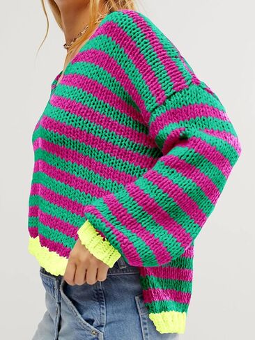 Saodimallsu Womens Striped Sweater V Neck Color Block Long Sleeve Loose Casual Pullover Jumpers in Saudi Arabia