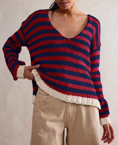 Saodimallsu Womens Striped Sweater V Neck Color Block Long Sleeve Loose Casual Pullover Jumpers in Saudi Arabia