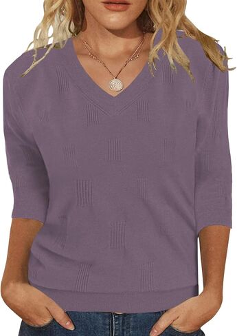 Womens Sweaters 3/4 Sleeve Tops V Neck Shirts Loose Casual Tunic Blouses in Saudi Arabia