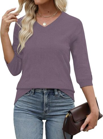 Womens Sweaters 3/4 Sleeve Tops V Neck Shirts Loose Casual Tunic Blouses in Saudi Arabia