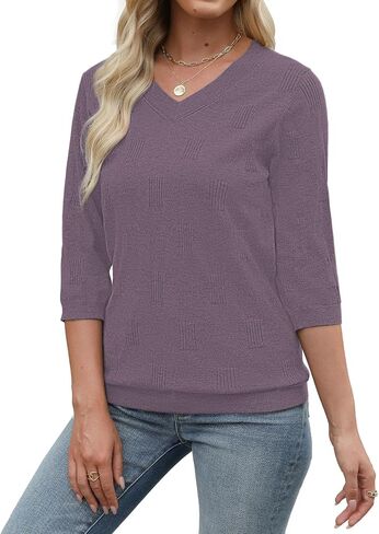 Womens Sweaters 3/4 Sleeve Tops V Neck Shirts Loose Casual Tunic Blouses in Saudi Arabia
