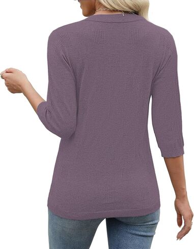 Womens Sweaters 3/4 Sleeve Tops V Neck Shirts Loose Casual Tunic Blouses in Saudi Arabia