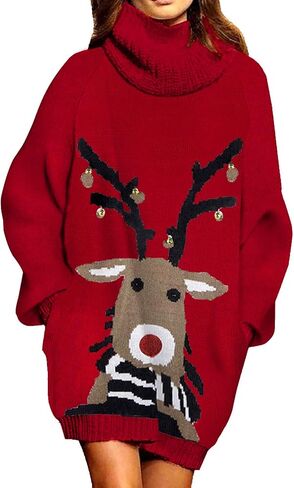 Pink Queen Women Turtleneck Loose Print Christmas Long Sweater Dresses with Pocket in Kuwait