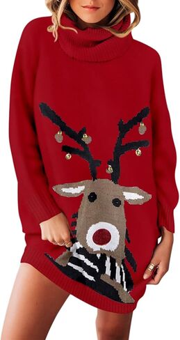 Pink Queen Women Turtleneck Loose Print Christmas Long Sweater Dresses with Pocket in Kuwait