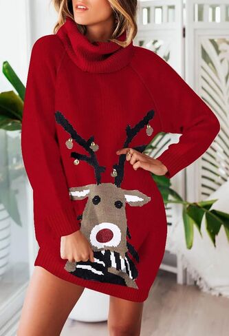 Pink Queen Women Turtleneck Loose Print Christmas Long Sweater Dresses with Pocket in Kuwait