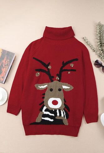 Pink Queen Women Turtleneck Loose Print Christmas Long Sweater Dresses with Pocket in Kuwait