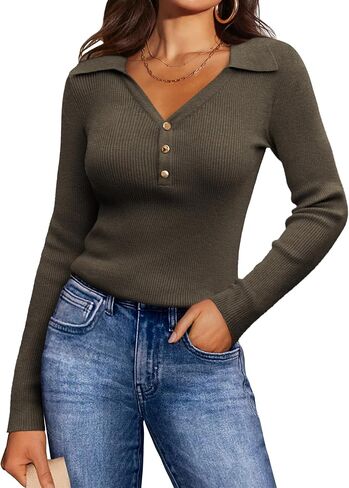 GRACE KARIN Womens 2024 Fall Long Sleeve V Neck Pullover Sweater Casual Lapel Collar Slim Fitted Knit Tops in Saudi Arabia