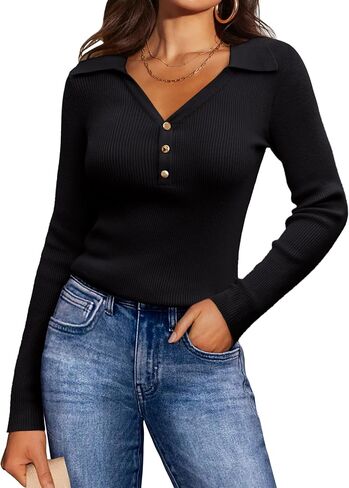 GRACE KARIN Womens 2024 Fall Long Sleeve V Neck Pullover Sweater Casual Lapel Collar Slim Fitted Knit Tops in Saudi Arabia