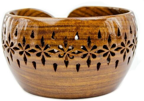 Nagina International Rosewood Crafted Wooden Yarn Storage Bowl With Carved Holes & Drills | Knitting Crochet Accessories (Large) in Kuwait