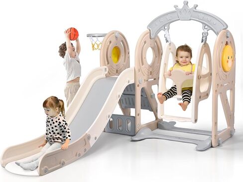 Toddler Slide Set, 5 in 1 Indoor Slide Playgrounds for Toddlers 1-3 Bus Playhouse Outdoor Slide Freestanding Playset with Basketball Hoop Climber Toddler Playground in Saudi Arabia