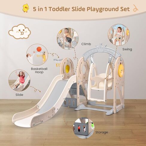 Toddler Slide Set, 5 in 1 Indoor Slide Playgrounds for Toddlers 1-3 Bus Playhouse Outdoor Slide Freestanding Playset with Basketball Hoop Climber Toddler Playground in Saudi Arabia