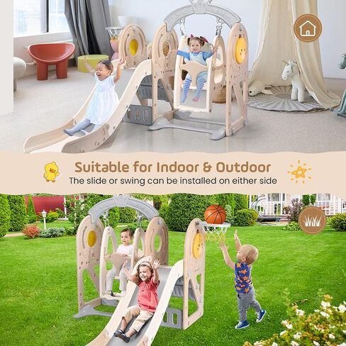 Toddler Slide Set, 5 in 1 Indoor Slide Playgrounds for Toddlers 1-3 Bus Playhouse Outdoor Slide Freestanding Playset with Basketball Hoop Climber Toddler Playground in Saudi Arabia