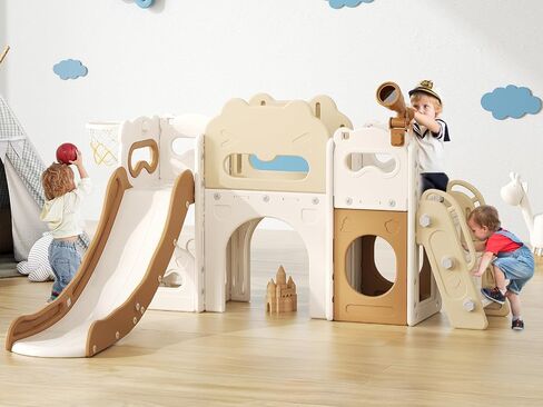Toddler Slide Set, 5 in 1 Indoor Slide Playgrounds for Toddlers 1-3 Bus Playhouse Outdoor Slide Freestanding Playset with Basketball Hoop Climber Toddler Playground in Saudi Arabia