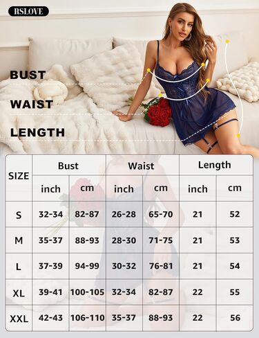 RSLOVE Lace Babydoll Lingerie for Women - Sexy Chemise V Neck Sleepwear Mesh Nightgown Strap Boudoir Nightwear with Garter in Kuwait