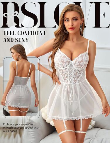 RSLOVE Lace Babydoll Lingerie for Women - Sexy Chemise V Neck Sleepwear Mesh Nightgown Strap Boudoir Nightwear with Garter in Kuwait