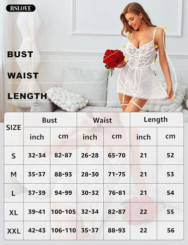 RSLOVE Lace Babydoll Lingerie for Women - Sexy Chemise V Neck Sleepwear Mesh Nightgown Strap Boudoir Nightwear with Garter in Kuwait