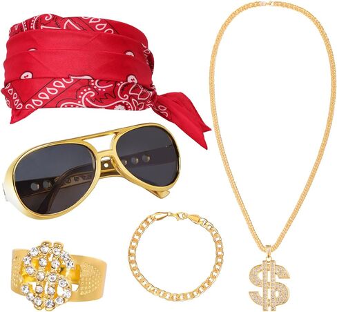 5 قطع أزياء الهيب هوب مجموعات 80s 90s الهيب هوب الملحقات الزي لمغني الراب زي الملحقات سلسلة ذهبية وهمية مغني الراب تحت عنوان ملابس الحفلات الملحقات للرجال الأولاد in Kuwait