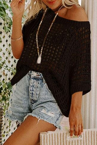 Chvity Women's Summer Crew Neck Short Sleeve Sweater Casual Off Shoulder Tops Hollow Out Crochet Coverups Pullover Knit Tops in Saudi Arabia