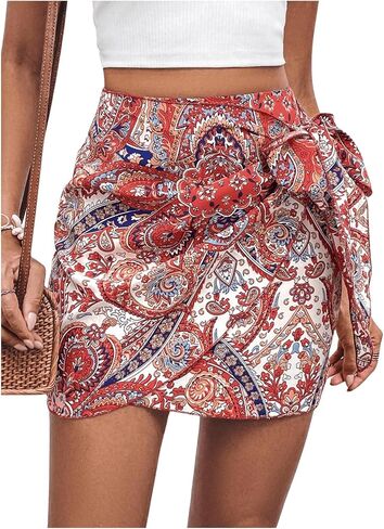 Milumia Women Boho Paisley Print Wrap Mini Skirt Tie Side Summer Beach Short Skirts in Saudi Arabia