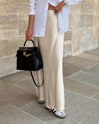 Women's Drawstring High Waisted Satin Maxi Skirt A-Line Flowy Silk Fall Elegant Long Skirts for Women in Saudi Arabia
