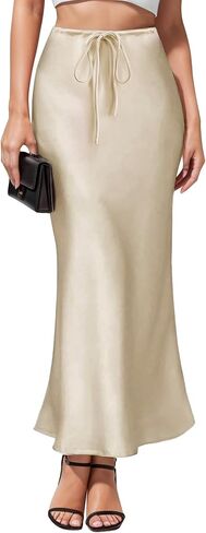 Women's Drawstring High Waisted Satin Maxi Skirt A-Line Flowy Silk Fall Elegant Long Skirts for Women in Saudi Arabia
