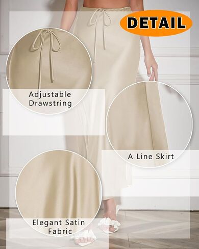 Women's Drawstring High Waisted Satin Maxi Skirt A-Line Flowy Silk Fall Elegant Long Skirts for Women in Saudi Arabia