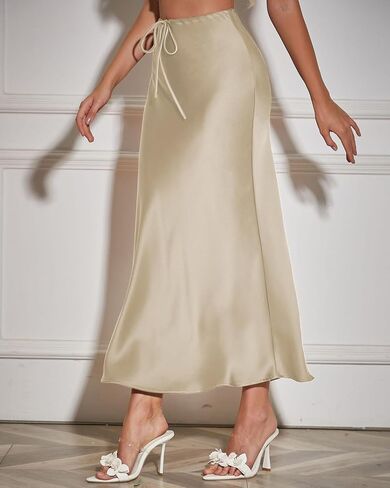 Women's Drawstring High Waisted Satin Maxi Skirt A-Line Flowy Silk Fall Elegant Long Skirts for Women in Saudi Arabia