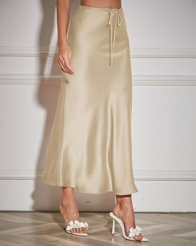 Women's Drawstring High Waisted Satin Maxi Skirt A-Line Flowy Silk Fall Elegant Long Skirts for Women in Saudi Arabia